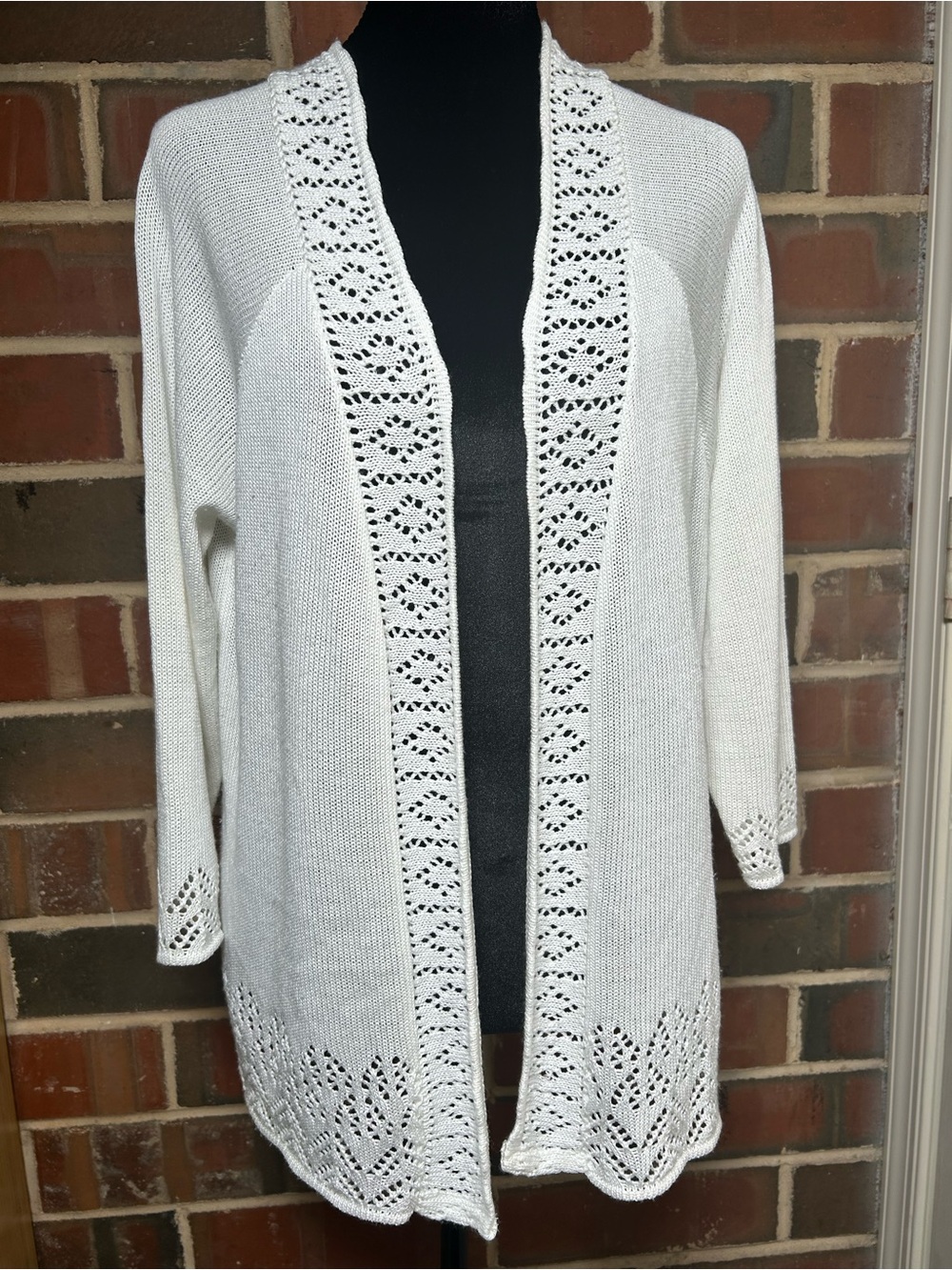 Laura Scott White Open-Front Crochet-Trim Cardigan